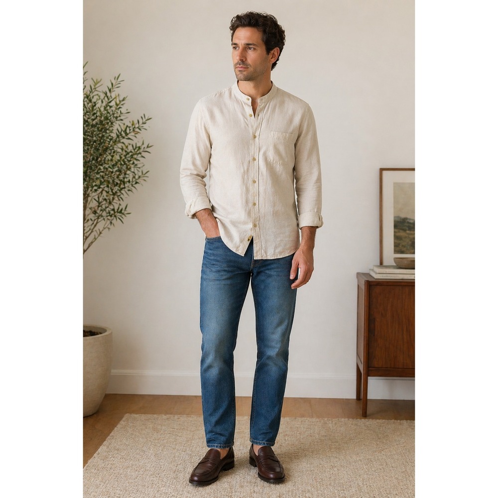Robert Stock Men's Linen Shirt with a Band Collar Size L Beige Smart-Casual